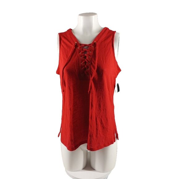 NWT INC Linen Blend Sleeveless Petite LARGE Top Henley lace Up Red Knit - Picture 1 of 11